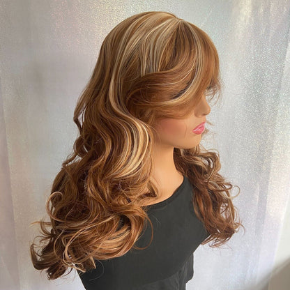 Long Fluffy Wavy Highlight Blonde Brown Auburn Mix Wigs