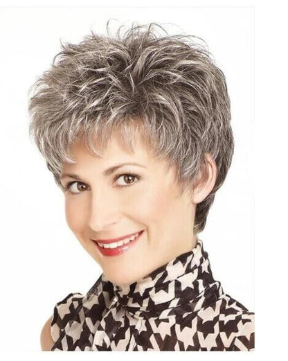 Short Spiky Gray Straight Human Hair Blend Heat Ok Wig For Grandma Soft Natural