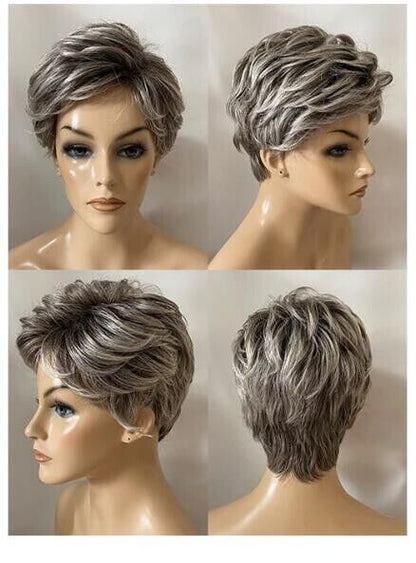 Short Spiky Gray Straight Human Hair Blend Heat Ok Wig For Grandma Soft Natural