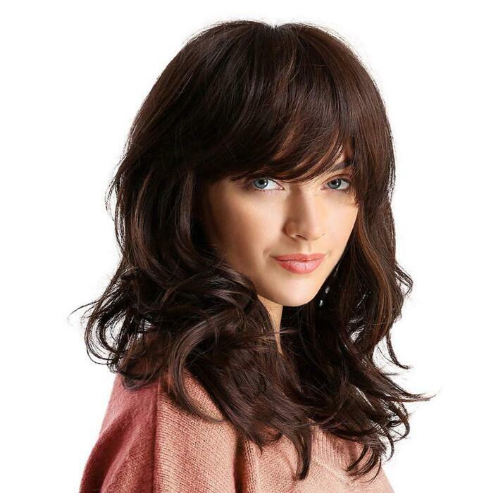 Shoulder Length Brown Hair Wigs for Women Synthetic Wavy Hair Wig with Bangs