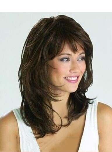 Medium Wavy Black Brown Layered Cut Synthetic Hair Capless Wig Women Natural