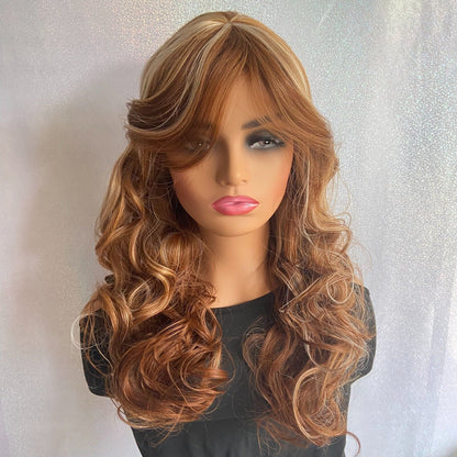 Long Fluffy Wavy Highlight Blonde Brown Auburn Mix Wigs